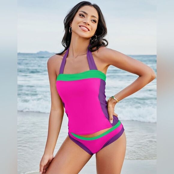 ⏭️NWOT Hot Pink, Neon Green, & Purple Colorblock Tankini Bathing Suit Medium - Picture 13 of 14